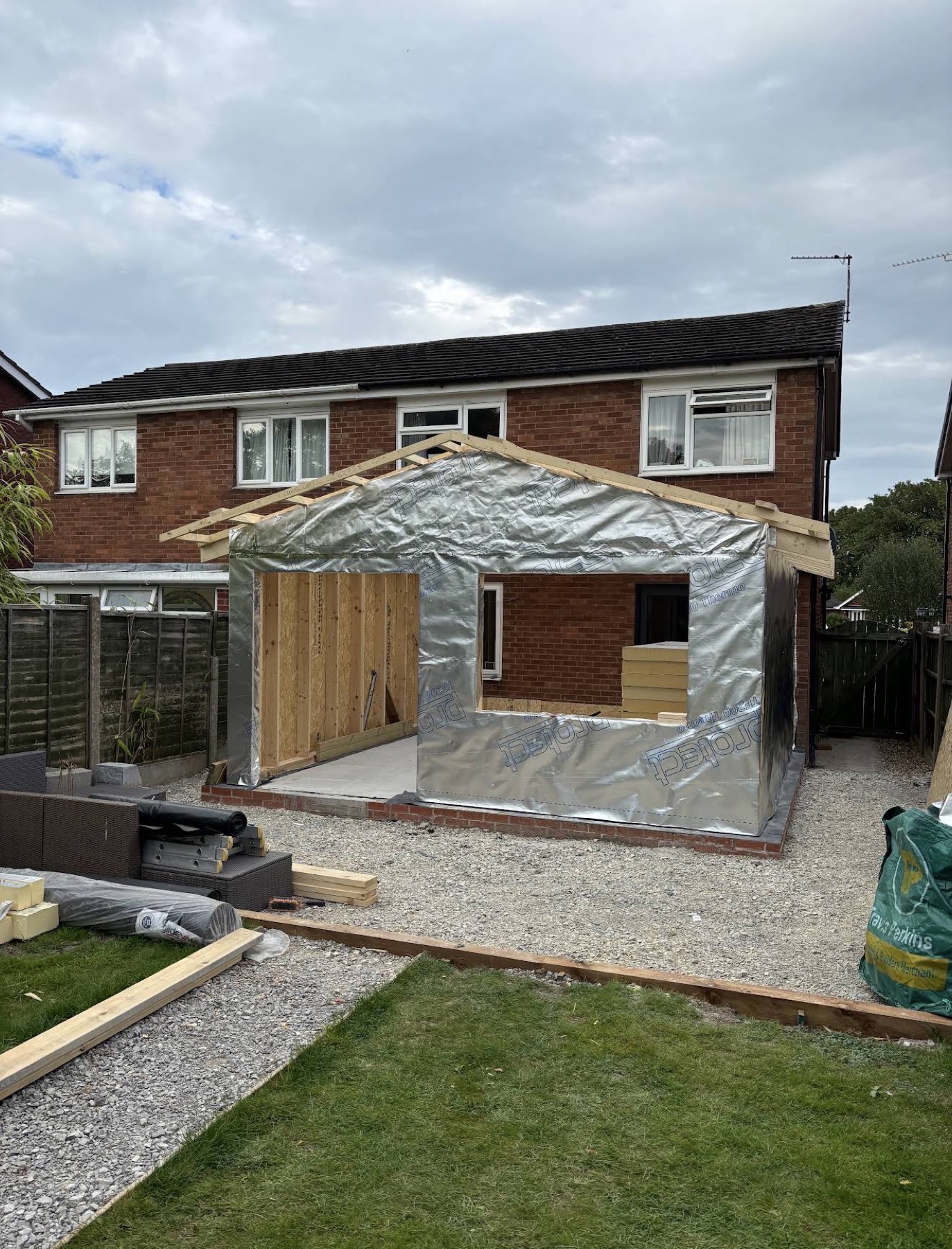 Rear house extension timber frame under construction